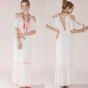 Embroidered Cream & Neon Gauzy Prairie Maxi Dress